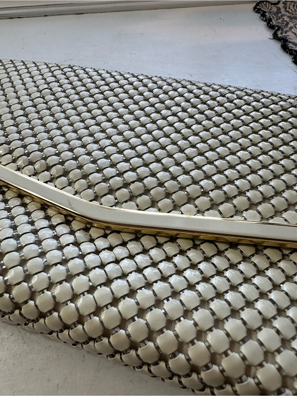 Vintage Woven Metallic Ivory Evening Clutch with Gold Accent